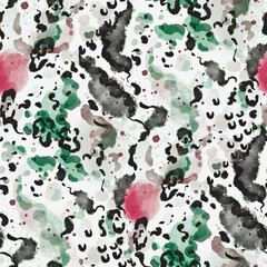 Watercolor seamless pattern with beautiful bright abstract elements and leopard spots. Colorful animalistic texture for any kind of a design. Contemporary art. Trendy modern style.	