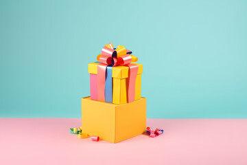Two colorful gift boxes, ribbon bow on top of second. Pink and light blue backgroun with copy space. Happy Birthday, Holidays or Shopping Sale concept.