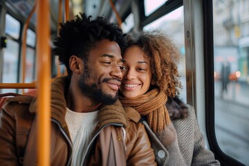 A joyful couple shares a close, happy moment while seated on public transportation