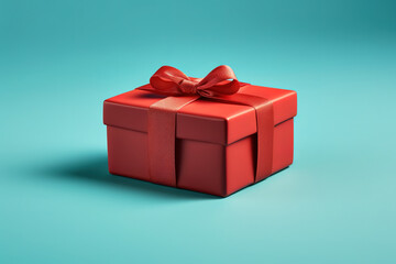 Big red gift box with red ribbon bow on solid blue background with place for text. Valentine's Day, Happy New Year, Merry Christmas. Shopping Sale.