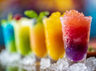 Frozen Rainbow Slush Drinks Chilling on Ice served at the bar of a dinning room