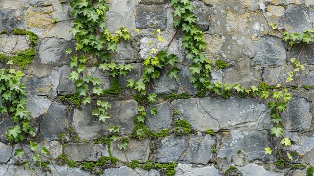 medieval weathered stone wall with moss and vines aged natural texture background high resolution photo