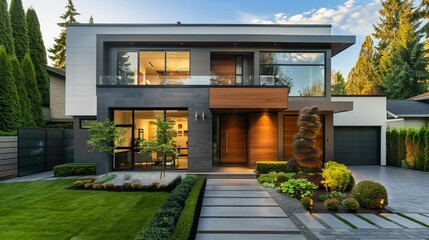 Fototapeta na wymiar modern luxury house facade with main entrance door and backyard architectural exterior