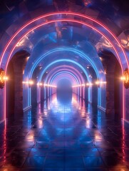 Glowing Futuristic Neon Tunnel of Illuminated Digital Architecture and Modern Interior Design