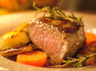 Succulent fillet steak and roast vegetables