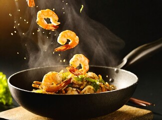 Sautée of vegetables and shrimps. Asian Cuisine.