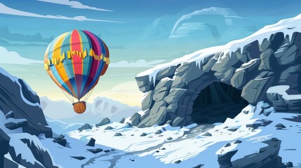 Modern cartoon illustration of snowy winter rocks landscape with stone cave, snow and colorful airship with basket and ballast attached to hot air balloon.