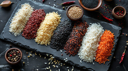 Top view of a variety of rice grains on slate, concept of culinary diversity and healthy eating