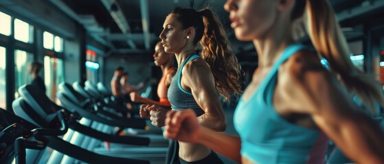 Fitness exercise group of athletic people running on treadmills. Modern gym with athletic women and...