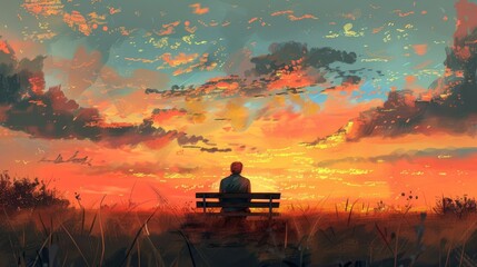 preacher sitting on bench in field at sunset contemplative moment digital painting - obrazy, fototapety, plakaty