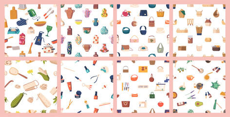 Seamless Patterns Set with Kitchen Utensils, Vases, Leather Bags, Sewing Machines and Items. Spa and Beauty Tools