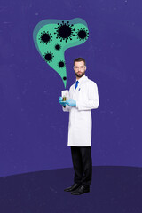 Trend artwork sketch collage of scientist young man hold in hand glass virus various coronavirus...