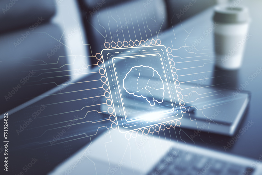 Aufkleber Double exposure of creative artificial Intelligence symbol with modern laptop on background. Neural networks and machine learning concept