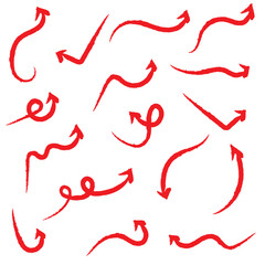 Red hand-drawn brush stroke arrow on a white background.