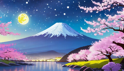 月夜の桜と富士山