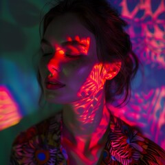 Bold personality in a neon tapestry, trendy look, deep shadows, colored lighting