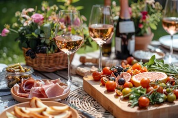 A stunning outdoor dining scene with wine, fruits, and charcuterie overlooking a lush garden
