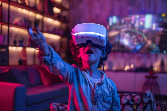 A young child is completely immersed in a virtual reality game, with neon lights reflecting the intense gaming experience