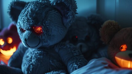 Cuddly toys under the threat of a cozy, obsidian parasite during a midnight scare - obrazy, fototapety, plakaty