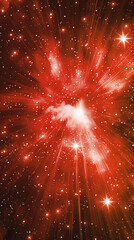 red light bursts in a star pattern on a 2D card, mimicking a celestial event