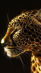 Dark gold gradient background, Cheetah of goldenrod light and technological computational, goldenrod tones, minimalism, dark gold background, 3D rendered