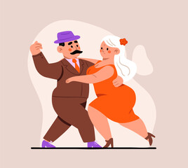 Senior Couples Dance, Elderly People Romantic Loving Relations Concept. Happy Old Men and Women Embracing, Holding Hands while Dancing. Old Characters Dating, Love. Cartoon People Vector 