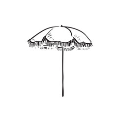 A line drawn sketch of an umbrella parasol with tassels in black and white. Vectorised in a sketchy style for a variety of uses. © Amelia