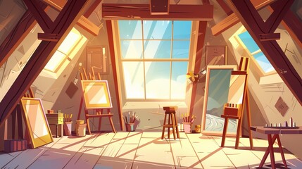 Interior of an artist's studio in the attic, or a school/workshop at the roof, complete with paints, brushes, easels, and frames for pictures, as well as a gypsum head and cartoon modern