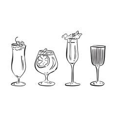A line drawn illustration of individual cocktails in a sketchy style. Black and white sketch, vectorised for a wide variety of uses. This file consists of 4 individual vectors.