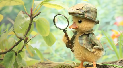 Little duckling detective, Beatrice Alemagna s touch, magnifying glass in wing, adorable sleuthing - obrazy, fototapety, plakaty