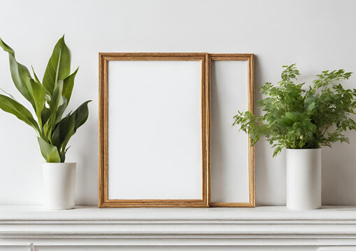 Empty frame on a white mantle with plants , blank mock up for art showcase ,simple style 