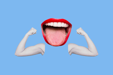 Woman's big mouth showing tongue raising arms demonstrating biceps on blue color background....