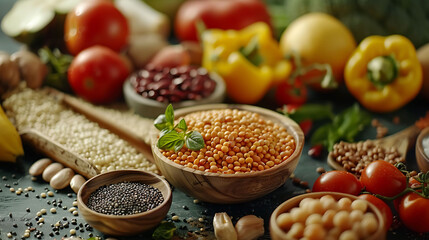 Healthy balanced dieting concept, Selection of rich fiber sources vegan food, Vegetables fruit...