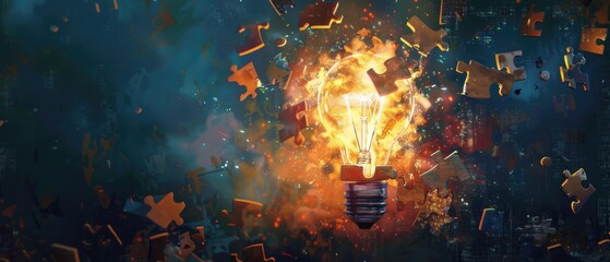 An abstract art piece featuring a fragmented puzzle box with pieces floating around a central, intensely glowing lightbulb - obrazy, fototapety, plakaty