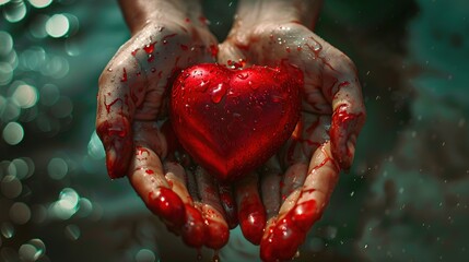 A person is holding a red heart in their hands. The hands and the heart are covered in red paint.

 - obrazy, fototapety, plakaty