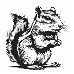 Graphic illustration of a chipmunk in a dynamic black and white style, highly detailed. - obrazy, fototapety, plakaty