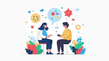 An anxious woman client talks to a psychologist about problems, a professional doctor helps the patient resolve issues. Illustration in line-art flat modern style.