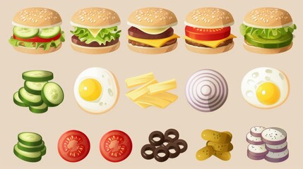 Constructor of burgers and sandwiches, with isolated elements of bun, olive, onion, egg, cheese, tomato, mustard, cucumber, and fried potatoes.
