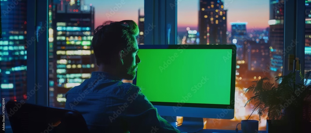 Poster stylish office studio with stylish window view. creative young man using desktop computer with mock-