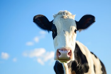 cow isolated on white, black and white gentle surprised look, pink nose, in front of a blue sky....