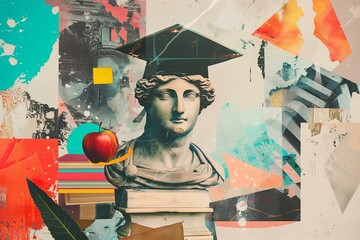 y2k illustration and photo collage with greek bust with graduation hat, apple, books, colorful grafitti, graduation theme