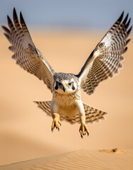 flying Lanner Falcon, reallife animals, sand desert сreated with Generative Ai