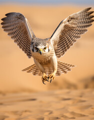 flying Lanner Falcon, reallife animals, sand desert сreated with Generative Ai