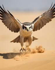 Fototapeta premium flying Lanner Falcon, reallife animals, sand desert сreated with Generative Ai