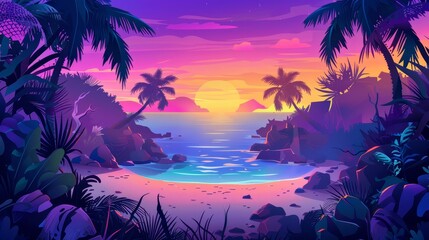 A sunset on a tropical beach under a gorgeous purple sky with seaside palm trees, plants, rocks and sand under beautiful purple skies. Illustration of the sunset on a tropical beach. - obrazy, fototapety, plakaty