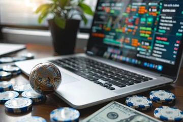 A modern laptop open to a financial stock market screen, surrounded by a globe, decorations, and currency, portraying a trading environment