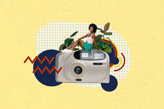 Sketch image composite trend artwork 3D photo collage of young retro fashion lady lsit on huge vintage photo camera make shoot