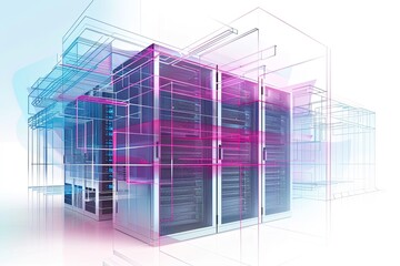 Renderings depicting network engineers configuring and optimizing network settings, ensuring seamless communication between servers and clients within the data center environment - 791829493