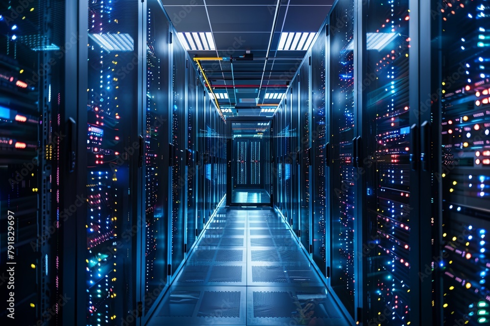 Poster data center facility, with rows of server racks, cooling systems, and cable management solutions, em