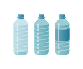 Variation of blue plastic bottle isolated on white background. Empty, full bottle, bottle with label on it. Modern vector flat illustration. Social Media Ads. Healthy lifestyle.